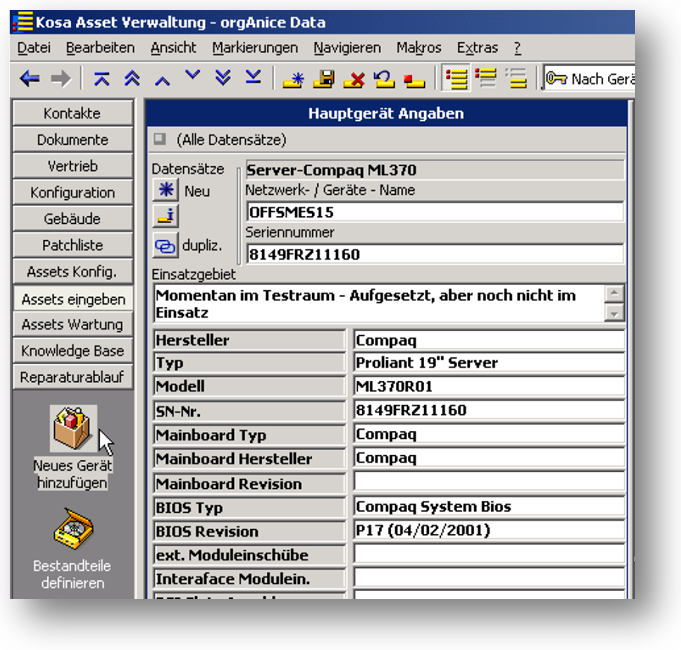 Invista - Asset Neues Geraet anlegen